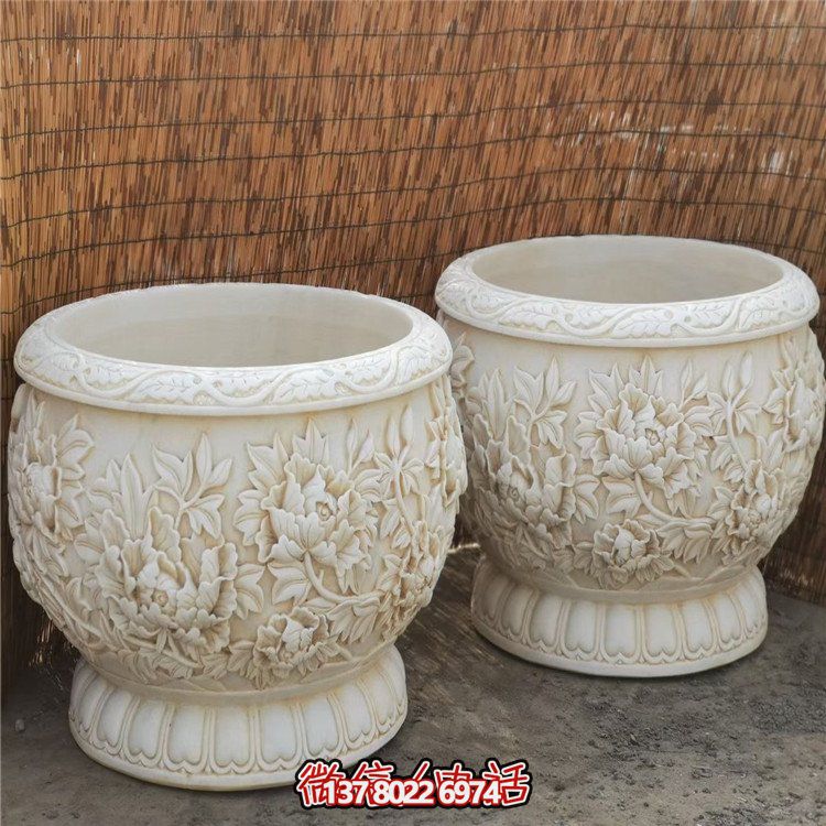 漢白玉浮雕荷花養魚缸，精美庭院裝飾戶外中式花盆
