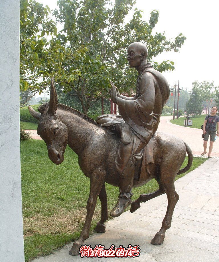 銅雕塑和尚著毛驢騎，精美雕塑，祥和園林