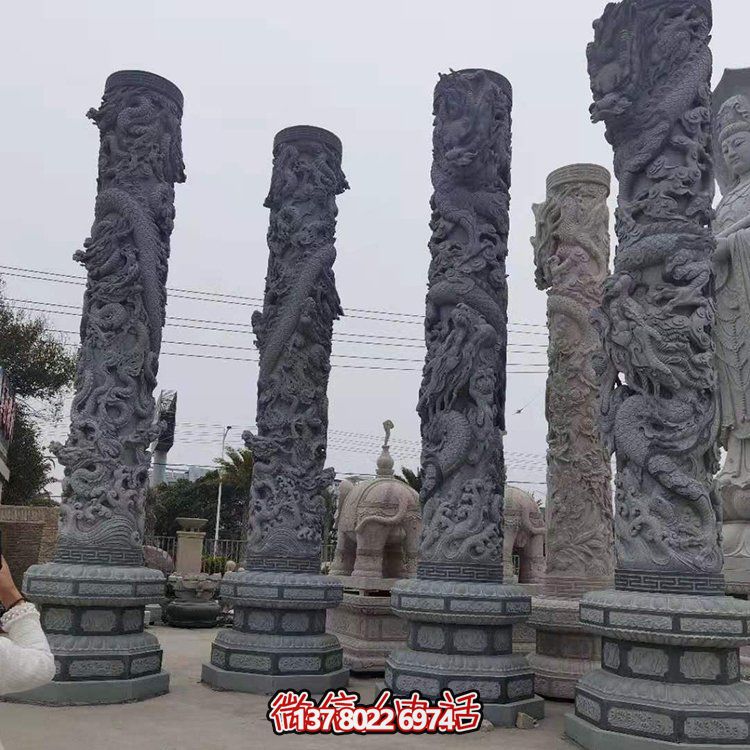 青石浮雕龍柱，精美石雕園林景觀裝飾