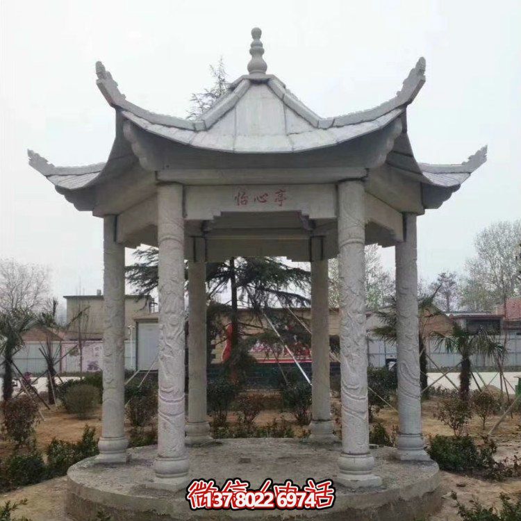 青石仿古石雕涼亭，營造寧靜田園風情