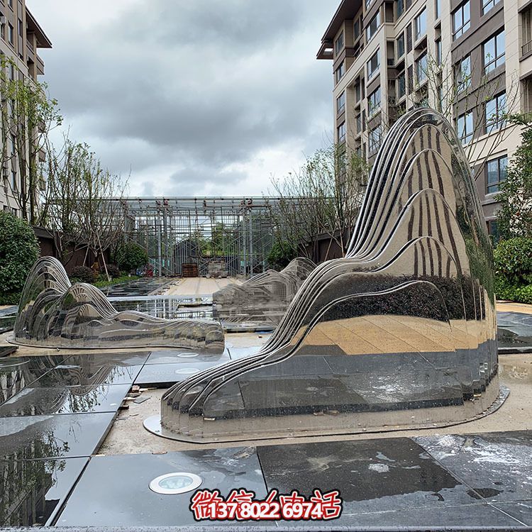 假山雕塑+不銹鋼噴泉，完美結(jié)合抽象鏡面美學(xué)