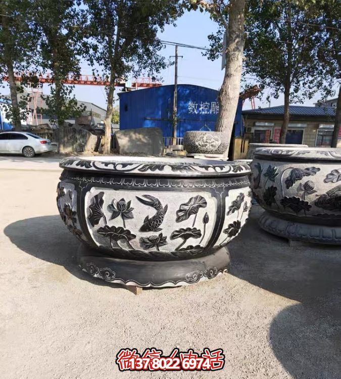 古典仿古石雕魚缸，添點家園庭院荷花水景