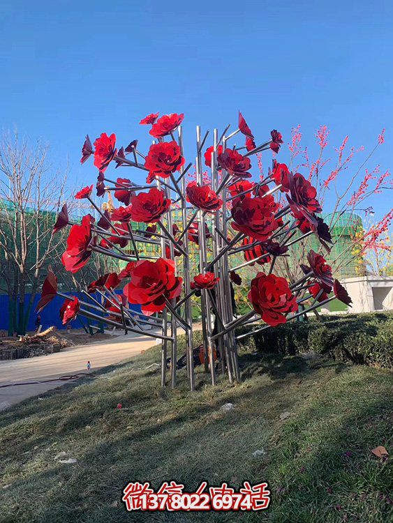 戶外廣場(chǎng)大型不銹鋼彩繪玫瑰花景觀擺件