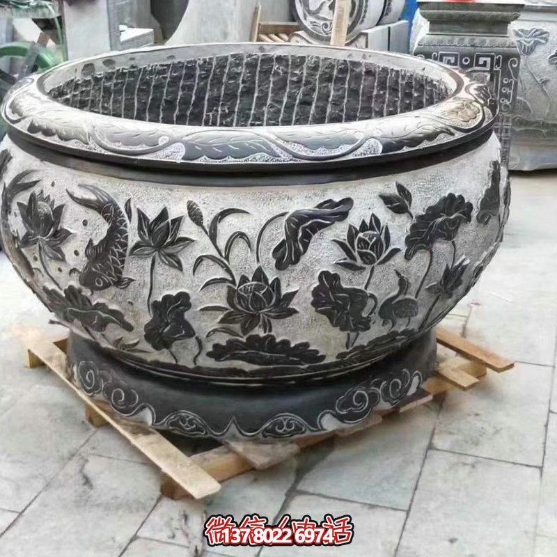 青石石雕浮雕蓮花鯉魚(yú)庭院擺件花盆雕塑