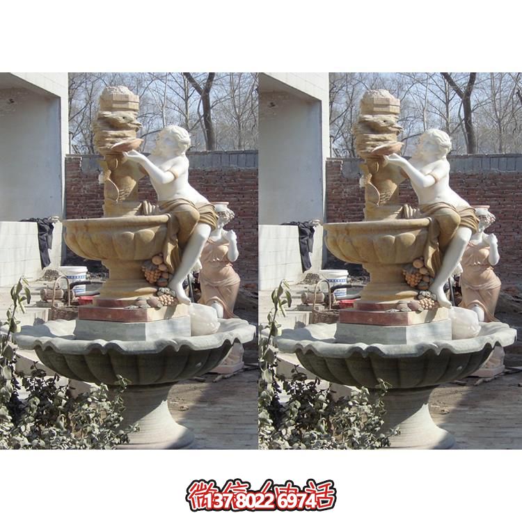 別墅水池?cái)[放大理石雕刻歐式人物流水噴泉雕塑